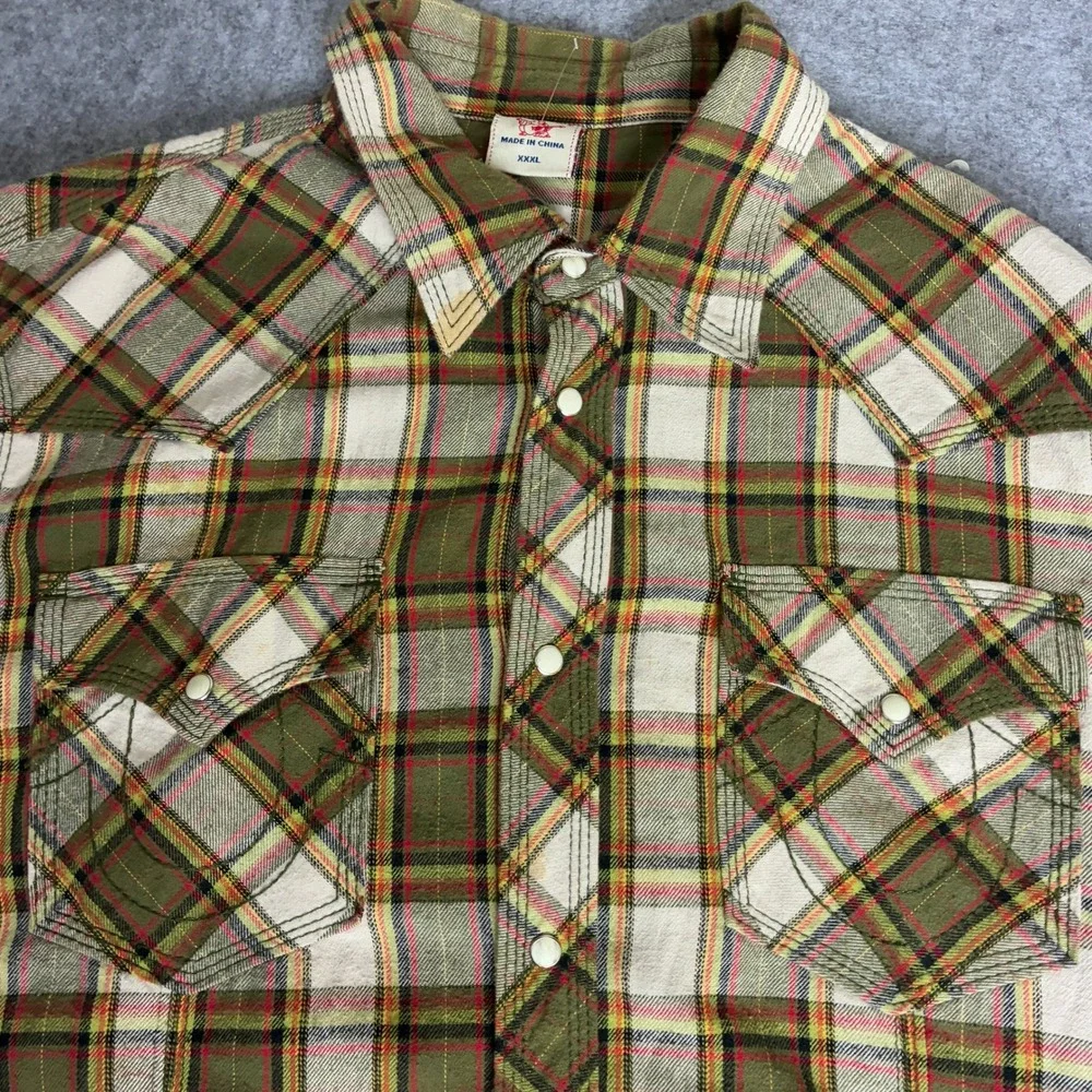 True Religion Mens 3XL Western Plaid Flannel Shirt Pearl Snap Green Y2K XXXL
